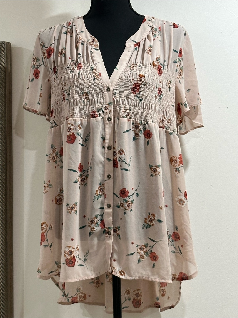 Knox Rose Blush Floral Button-Front Babydoll Top